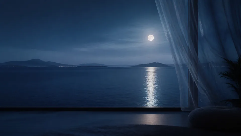 Blue Hour. A full moon over still water, one long silver path running back toward you across it, low hills on the far shore, and a sheer curtain hanging at the edge of the frame.