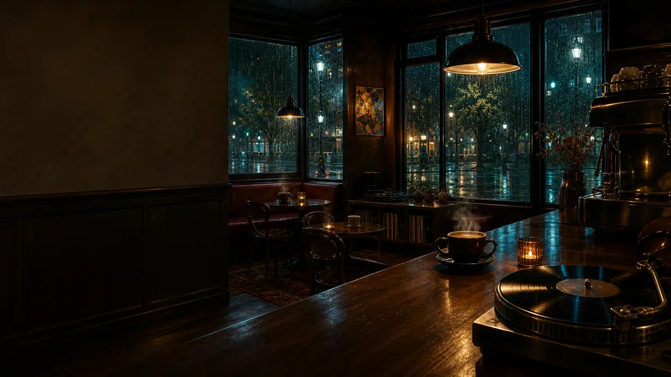 Cafe After Hours. A record still turning on the counter, a cup that has not stopped steaming, one pendant lamp on, and rain on every window.