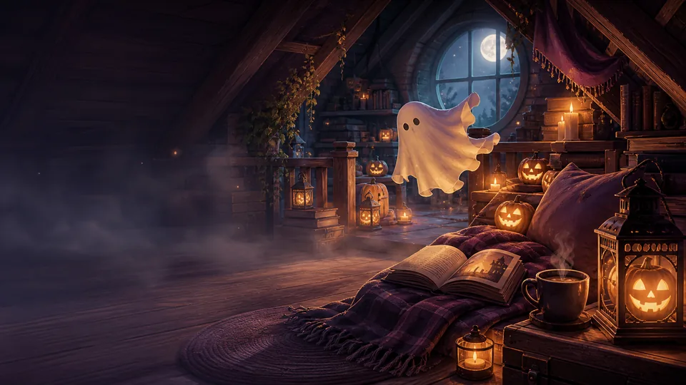 Lantern Hollow. An attic of carved pumpkins and stacked books, a blanket and a steaming mug on the floor, a ghost story open to an illustration, a round window with the moon in it, and one small paper ghost who is clearly friendly.