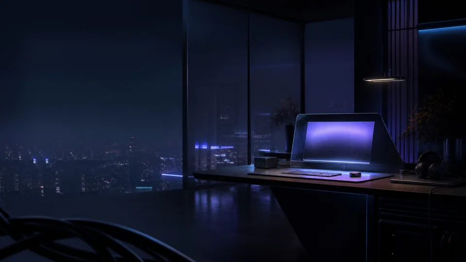Night Shift. A desk high above the city, one monitor lit, headphones sitting where you left them, and a few million windows glowing in the dark down there.