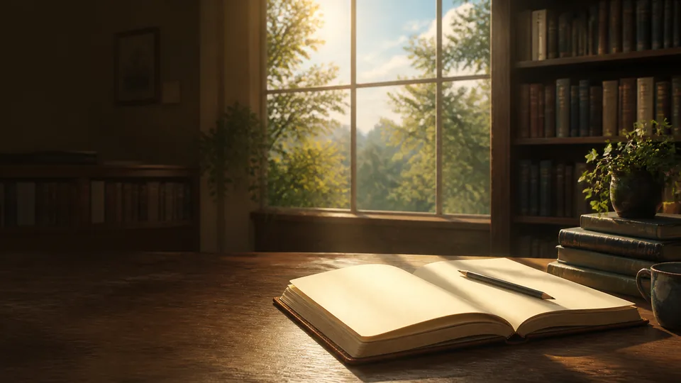 Open Pages. Sun through a tall window, green trees just outside it, an open book and a pencil on a worn wooden desk, and a wall of old bindings within reach.