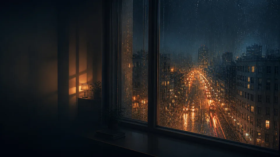 Rain Window. Rain running down the glass, one small lamp on behind you, and a street full of amber headlights a long way below.