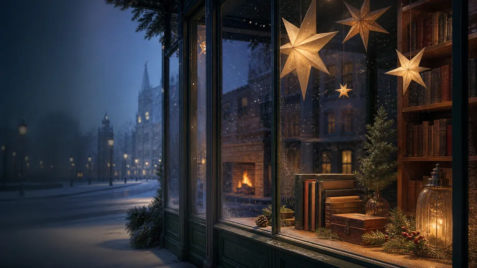 Winter Window. Paper stars hanging in a bookshop window, snow falling on an empty street, lamps lit all the way down it, and a fire burning somewhere behind the glass.